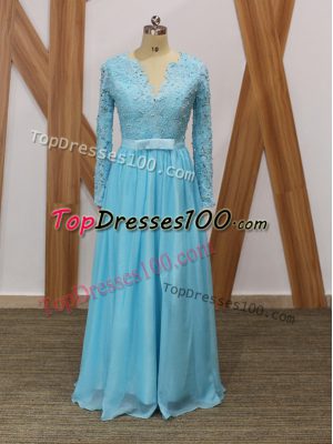 Stunning Baby Blue Backless V-neck Lace Mother of Groom Dress Chiffon Long Sleeves