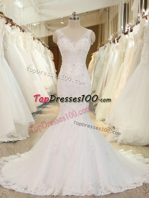 White V-neck Backless Beading and Lace and Appliques Wedding Dresses Brush Train Sleeveless