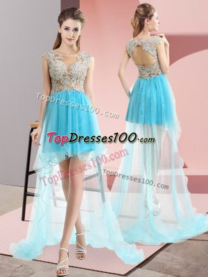 Deluxe Tulle Sleeveless High Low Prom Gown Sweep Train and Beading
