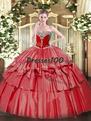 Attractive Coral Red Sweetheart Neckline Beading and Ruffled Layers 15th Birthday Dress Sleeveless Lace Up
