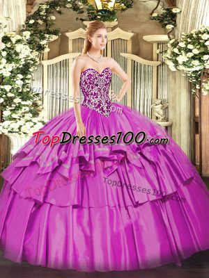 Flare Lilac Sleeveless Floor Length Beading and Ruffled Layers Lace Up Vestidos de Quinceanera