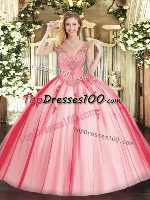 Cute Floor Length Lace Up Quince Ball Gowns Coral Red for Military Ball and Sweet 16 and Quinceanera with Beading