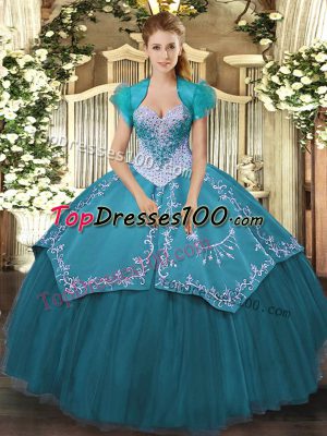 Customized Satin and Tulle Sweetheart Sleeveless Lace Up Beading and Embroidery Sweet 16 Dress in Teal