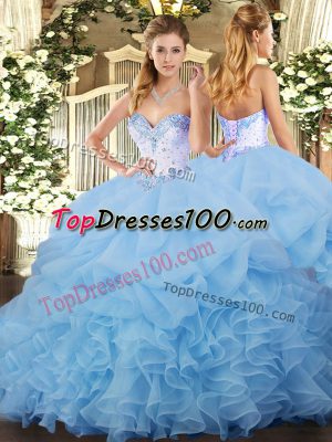 Eye-catching Sleeveless Beading and Ruffles and Pick Ups Lace Up Quince Ball Gowns with Blue