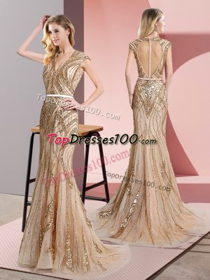 Mermaid Dress for Prom Champagne V-neck Tulle Sleeveless Floor Length Zipper