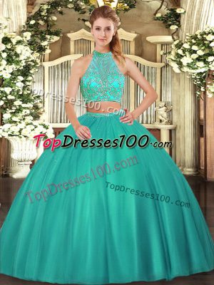 Unique Turquoise Tulle Criss Cross Quinceanera Dress Sleeveless Floor Length Beading