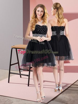 High Class Black A-line Sweetheart Sleeveless Elastic Woven Satin and Tulle Mini Length Lace Up Beading Juniors Party Dress