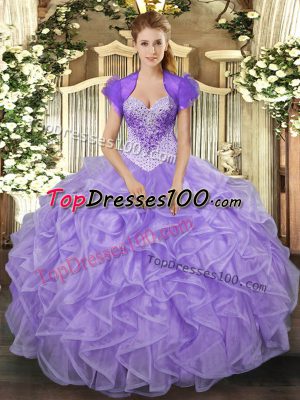 Lovely Floor Length Lace Up Sweet 16 Dress Lavender for Military Ball and Sweet 16 and Quinceanera with Beading and Ruffles