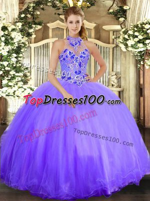 Lavender Ball Gowns Embroidery Quinceanera Dresses Lace Up Tulle Sleeveless Floor Length