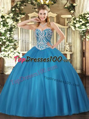 Ball Gowns Sweet 16 Dresses Baby Blue Sweetheart Tulle Sleeveless Floor Length Lace Up