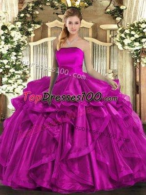 Fuchsia Ball Gowns Organza Strapless Sleeveless Ruffles Floor Length Lace Up Quince Ball Gowns
