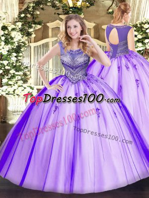 Sleeveless Tulle Floor Length Lace Up Sweet 16 Dress in Lavender with Beading