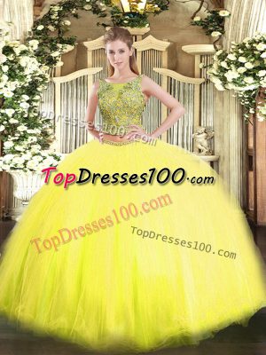 New Arrival Scoop Sleeveless Tulle Ball Gown Prom Dress Beading Lace Up