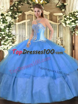 Baby Blue Lace Up Sweetheart Beading and Ruffled Layers Ball Gown Prom Dress Tulle Sleeveless