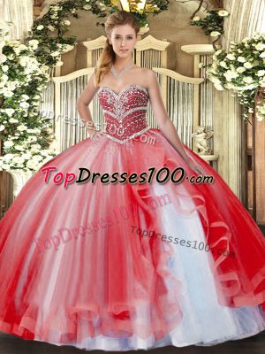 Custom Fit Coral Red Sleeveless Beading and Ruffles Floor Length Ball Gown Prom Dress