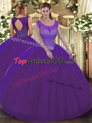 Modest Purple Sleeveless Floor Length Beading Backless Sweet 16 Dress