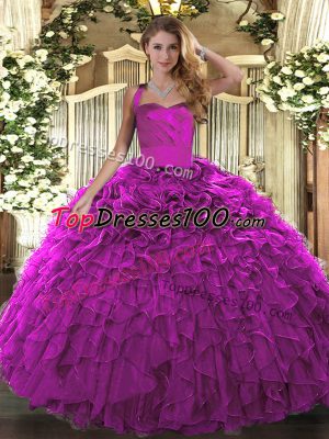 Fuchsia Ball Gowns Organza Halter Top Sleeveless Ruffles Floor Length Lace Up Quinceanera Gown