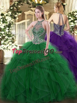 Green Ball Gowns Organza Halter Top Sleeveless Beading and Ruffles Floor Length Lace Up Quinceanera Dress