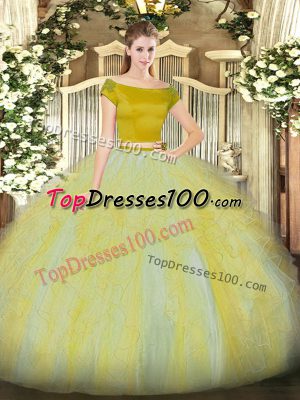 Edgy Gold Off The Shoulder Zipper Ruffles 15 Quinceanera Dress Short Sleeves