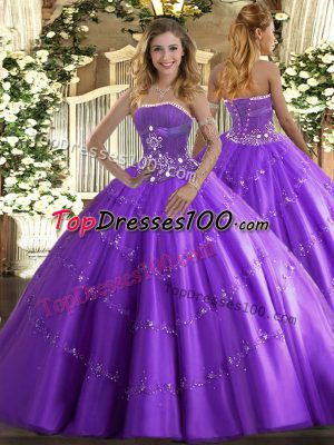 Inexpensive Lavender Ball Gowns Beading and Appliques Quince Ball Gowns Lace Up Tulle Sleeveless Floor Length