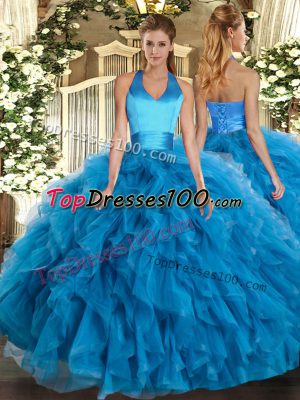 Baby Blue Ball Gown Prom Dress Sweet 16 and Quinceanera with Ruffles Halter Top Sleeveless Lace Up