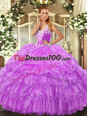 Beauteous Lilac Sleeveless Floor Length Beading and Ruffled Layers and Pick Ups Lace Up Quinceanera Dresses