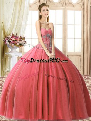 Luxury Coral Red Ball Gowns Beading Quinceanera Dresses Lace Up Tulle Sleeveless Floor Length