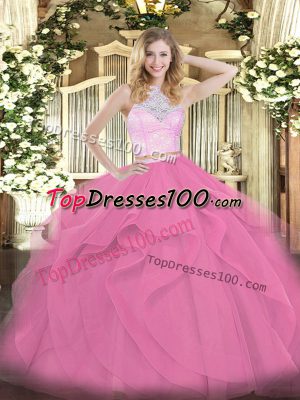 Latest Rose Pink Zipper Sweet 16 Quinceanera Dress Lace and Ruffles Sleeveless Floor Length