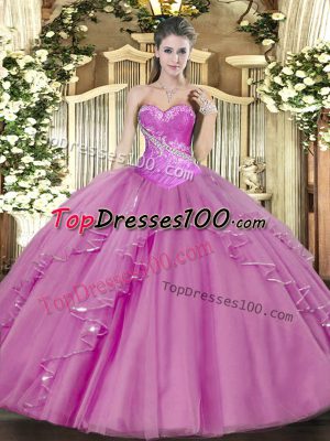 High Class Sleeveless Tulle Floor Length Lace Up Quinceanera Gown in Lilac with Beading