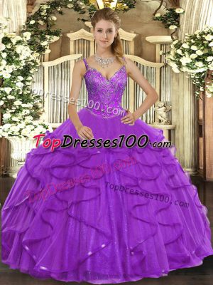 Sleeveless Tulle Floor Length Lace Up Sweet 16 Dress in Eggplant Purple with Beading and Ruffles