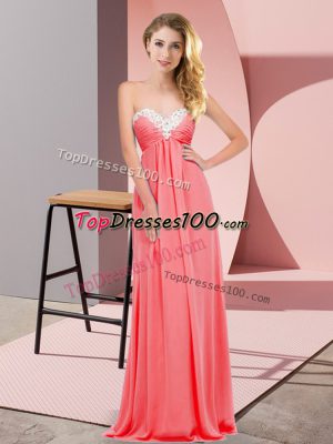 Watermelon Red Empire Ruching Juniors Party Dress Lace Up Chiffon Sleeveless Floor Length