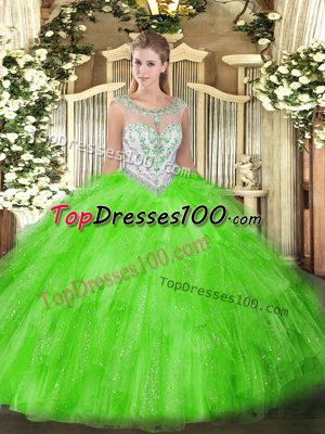 Luxury Tulle Zipper Scoop Sleeveless Floor Length 15th Birthday Dress Beading and Ruffles