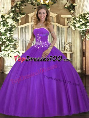 Gorgeous Tulle Strapless Sleeveless Lace Up Beading Ball Gown Prom Dress in Purple