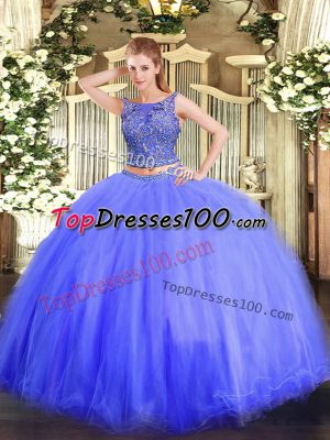 Classical Blue Sleeveless Beading Floor Length Quinceanera Gowns