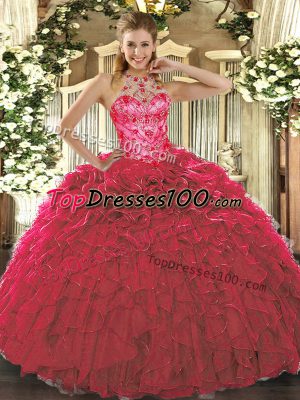Best Red Ball Gowns Halter Top Sleeveless Organza Floor Length Lace Up Beading and Ruffles 15 Quinceanera Dress
