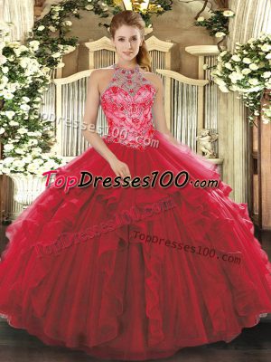 Beautiful Coral Red Organza Lace Up Quinceanera Dress Sleeveless Floor Length Beading and Embroidery and Ruffles