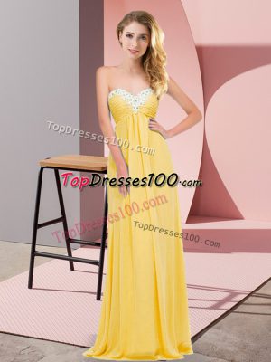 Low Price Sleeveless Floor Length Ruching Lace Up Prom Party Dress with Gold