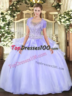 Lavender Ball Gowns Organza and Tulle Scoop Sleeveless Beading and Ruffles Floor Length Clasp Handle Sweet 16 Dresses