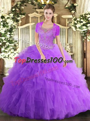 Custom Designed Floor Length Lavender Sweet 16 Dress Scoop Sleeveless Clasp Handle