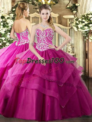 Romantic Floor Length Lace Up Vestidos de Quinceanera Fuchsia for Military Ball and Sweet 16 and Quinceanera with Beading and Ruffled Layers