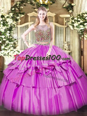 Romantic Lilac Sweet 16 Quinceanera Dress Military Ball and Sweet 16 and Quinceanera with Beading and Ruffled Layers Scoop Sleeveless Lace Up