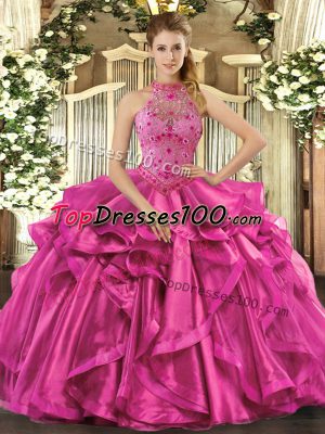 Spectacular Fuchsia Organza Lace Up Halter Top Sleeveless Floor Length Sweet 16 Dress Beading and Embroidery and Ruffles