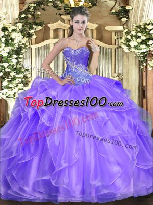 Customized Lavender Sleeveless Floor Length Beading and Ruffles Lace Up Sweet 16 Dress