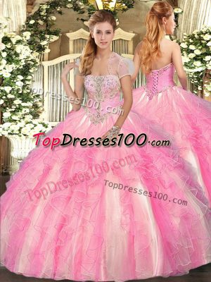 Rose Pink Ball Gowns Strapless Sleeveless Tulle Floor Length Lace Up Appliques and Ruffles Sweet 16 Dresses