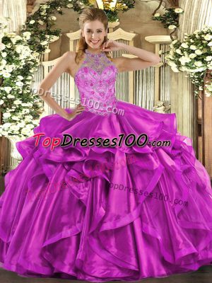 Customized Beading and Embroidery and Ruffles Quinceanera Dress Fuchsia Lace Up Sleeveless Floor Length