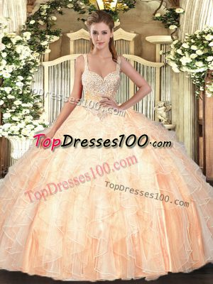 Peach Ball Gowns Straps Sleeveless Tulle Floor Length Lace Up Beading and Ruffles Quince Ball Gowns