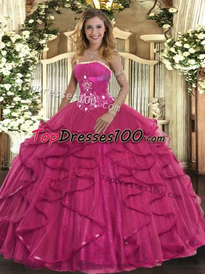 Floor Length Zipper Ball Gown Prom Dress Hot Pink for Military Ball and Sweet 16 and Quinceanera with Beading and Ruffles