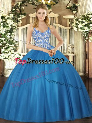 Designer Beading and Appliques Quinceanera Gowns Blue Lace Up Sleeveless Floor Length