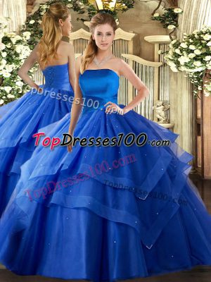 Royal Blue Quinceanera Dress Military Ball and Sweet 16 and Quinceanera with Ruffled Layers Strapless Sleeveless Lace Up