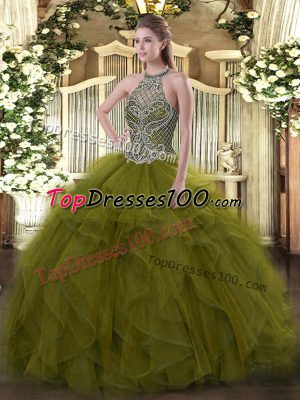 Deluxe Olive Green Ball Gowns Beading Quinceanera Dress Lace Up Organza Sleeveless Floor Length